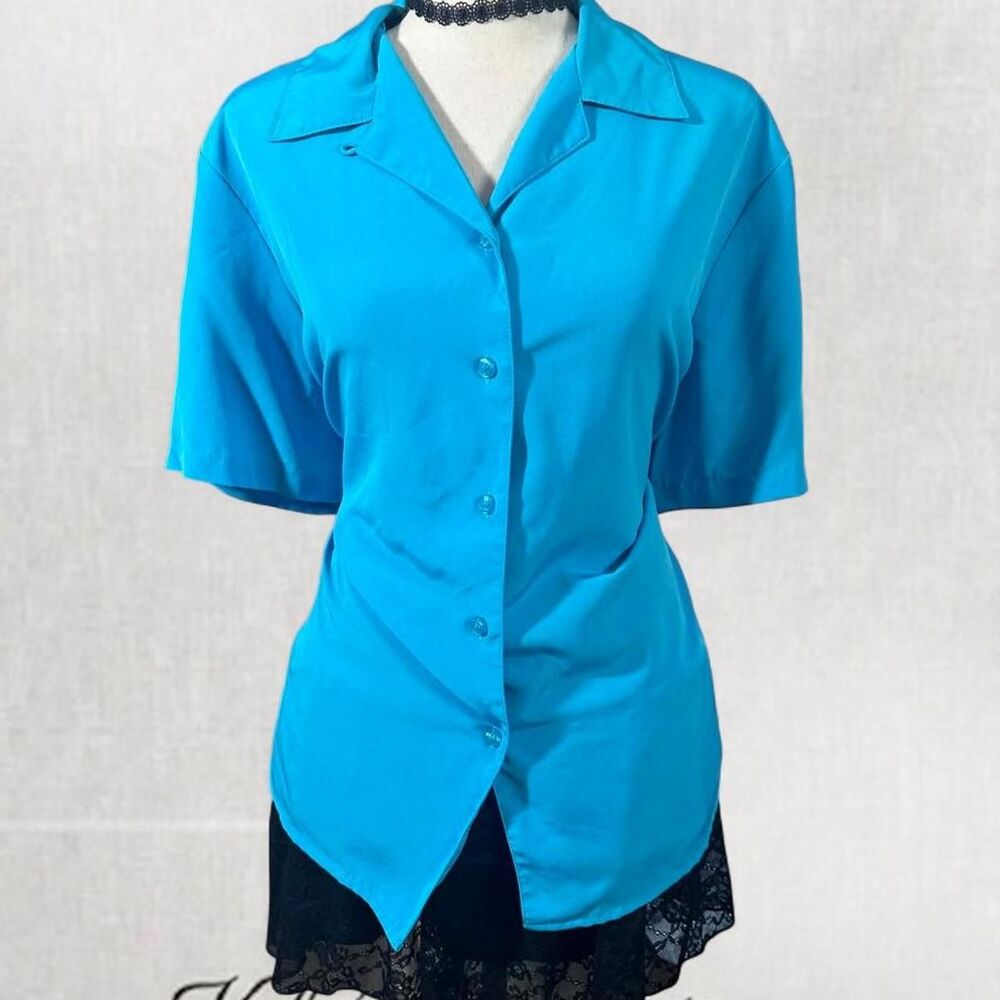 Minimalist Office Style Collared Blue Button Up Blouse